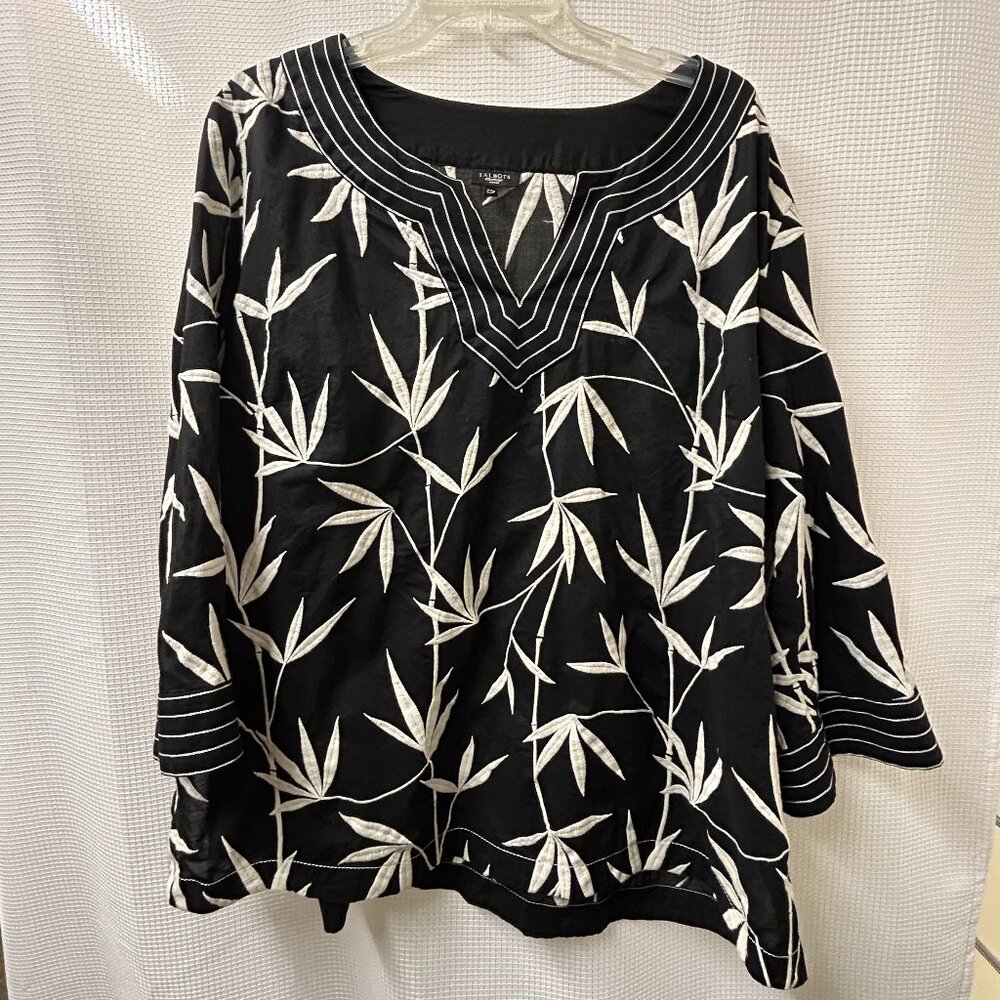Talbots Black Cotton Embroidered Bamboo V-Neck Scoop 3/4 sleeves Size 22